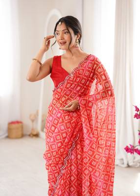 Bandhani printed zari georgette saree with mirror work border & silk blend blouse 4