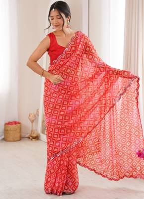 Bandhani printed zari georgette saree with mirror work border & silk blend blouse 5