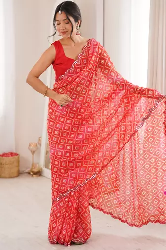 Bandhani printed zari georgette saree with mirror work border & silk blend blouse