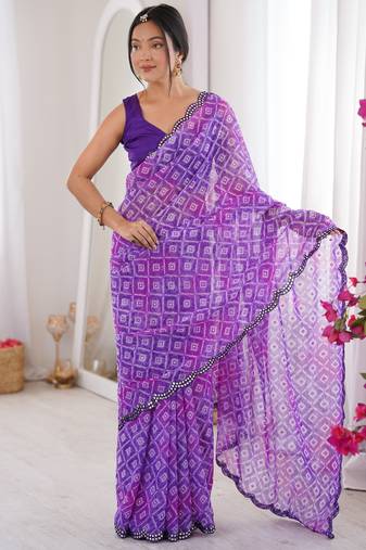 Bandhani printed zari georgette saree with mirror work border & silk blouse