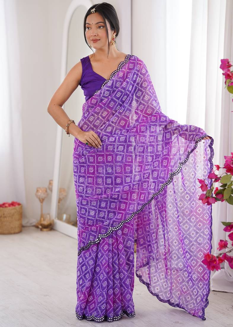 Bandhani printed zari georgette saree with mirror work border & silk blouse
