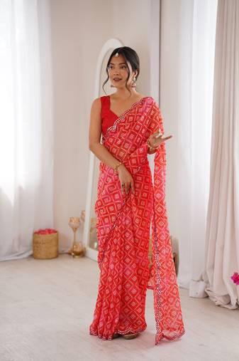 Bandhani printed zari georgette saree with mirror work border & silk blouse