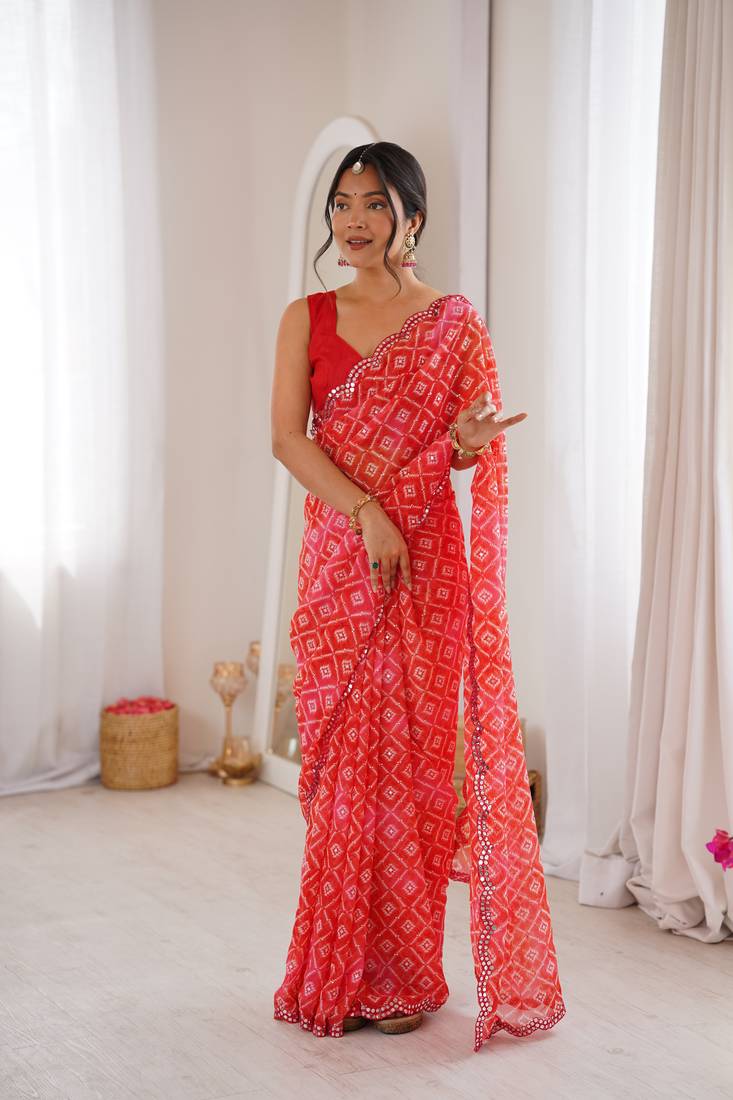 Bandhani printed zari georgette saree with mirror work border & silk blouse
