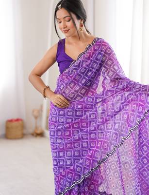 Bandhani printed zari georgette saree with mirror work border & silk blend blouse 2