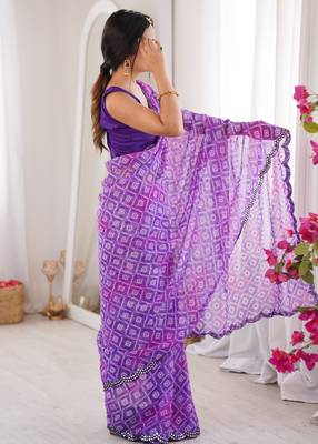 Bandhani printed zari georgette saree with mirror work border & silk blend blouse 3