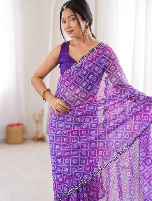 Bandhani printed zari georgette saree with mirror work border & silk blend blouse 4