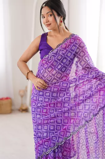 Bandhani printed zari georgette saree with mirror work border & silk blend blouse