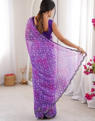 Bandhani printed zari georgette saree with mirror work border & silk blend blouse 5