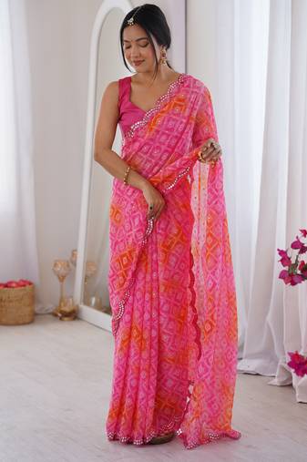 Bandhani printed zari georgette saree with mirror work border & silk blouse