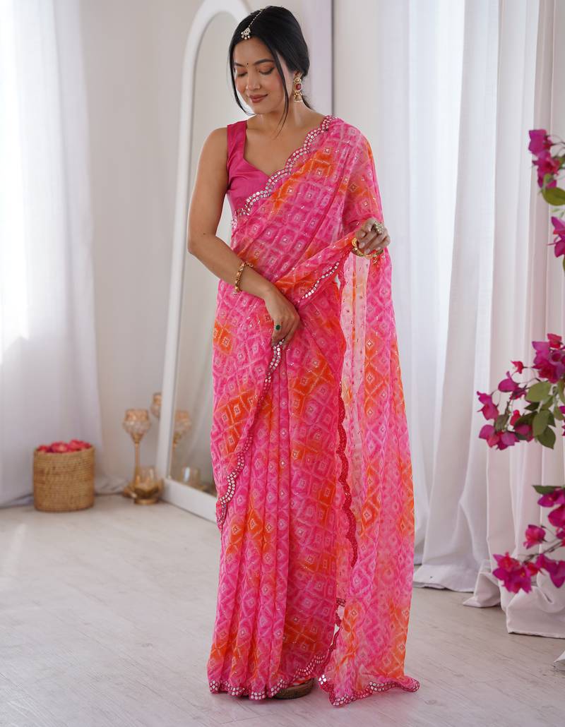 Bandhani printed zari georgette saree with mirror work border & silk blouse