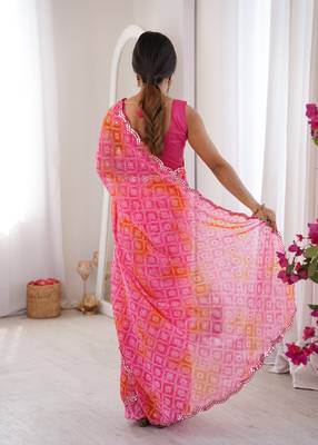 Bandhani printed zari georgette saree with mirror work border & silk blend blouse 2