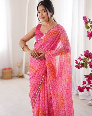 Bandhani printed zari georgette saree with mirror work border & silk blend blouse 3