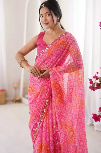 Bandhani printed zari georgette saree with mirror work border & silk blend blouse