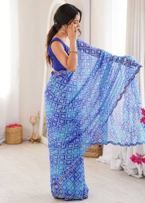 Bandhani printed zari georgette saree with mirror work border & silk blend blouse 1