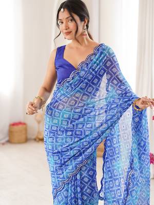 Bandhani printed zari georgette saree with mirror work border & silk blend blouse 2