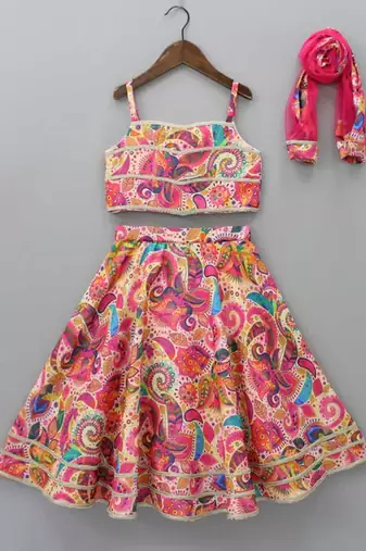 Multicolor printed cotton blend flared lehenga choli set