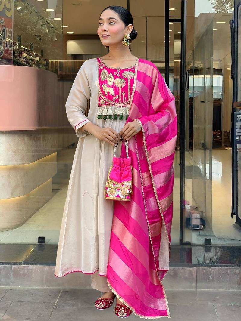 White embroidered silk kurti pant dupatta set | stitched party wear straight pant suit