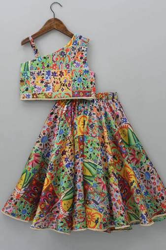 Multicolor printed cotton one shoulder crop top & flared skirt set