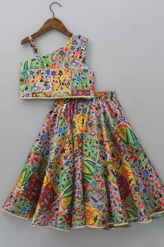 Multicolor printed cotton one shoulder crop top & flared skirt set