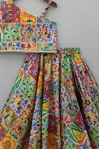 Multicolor printed cotton one shoulder crop top & flared skirt set