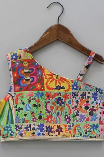 Multicolor printed cotton one shoulder crop top & flared skirt set