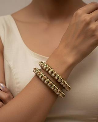 Kundan Polki Bangle Set of 2 | Blue Green White Meenakari Design | Free Size Festive Bangles 1