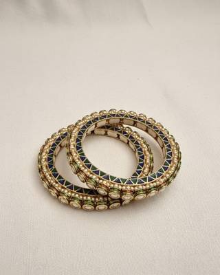 Kundan Polki Bangle Set of 2 | Blue Green White Meenakari Design | Free Size Festive Bangles 3