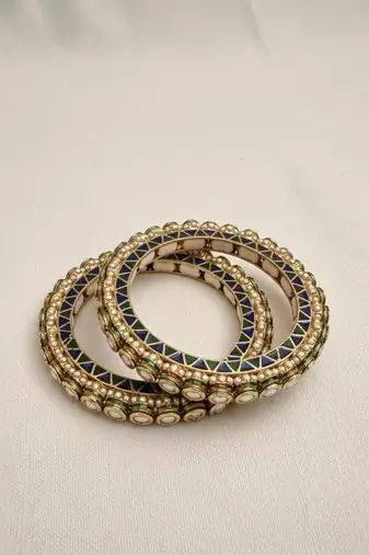 Kundan Polki Bangle Set of 2 | Blue Green White Meenakari Design | Free Size Festive Bangles