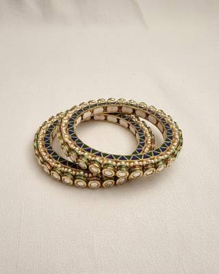 Kundan Polki Bangle Set of 2 | Blue Green White Meenakari Design | Free Size Festive Bangles 4