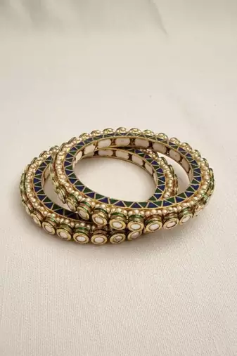 Kundan Polki Bangle Set of 2 | Blue Green White Meenakari Design | Free Size Festive Bangles