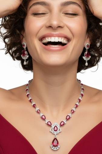 Ruby teardrop cz necklace set (rhodium finish)
