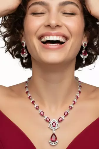 Ruby Teardrop CZ Necklace Set | Red & White Teardrop Statement Jewellery | Festive & Cocktail Wear