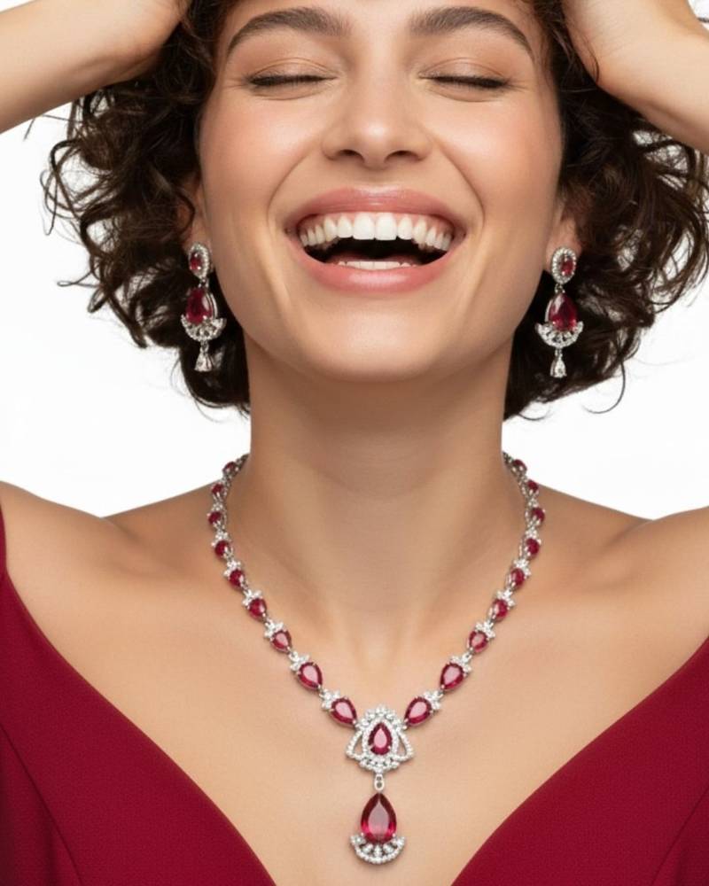 Ruby teardrop cz necklace set (rhodium finish)