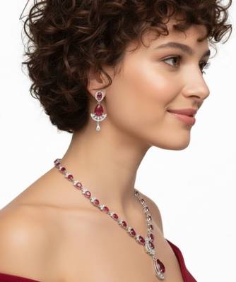 Ruby Teardrop CZ Necklace Set | Rhodium-Plated Red & White Cubic Zirconia Festive Statement Jewellery 2