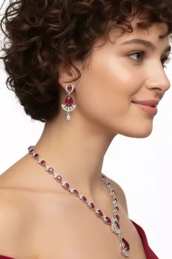 Ruby Teardrop CZ Necklace Set | Rhodium-Plated Red & White Cubic Zirconia Festive Statement Jewellery