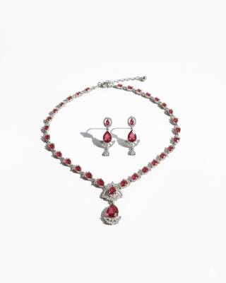 Ruby Teardrop CZ Necklace Set | Rhodium-Plated Red & White Cubic Zirconia Festive Statement Jewellery 3