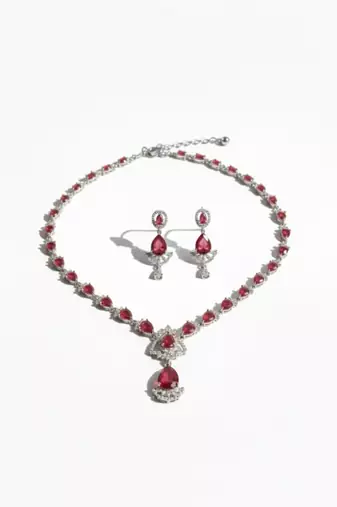 Ruby Teardrop CZ Necklace Set | Rhodium-Plated Red & White Cubic Zirconia Festive Statement Jewellery