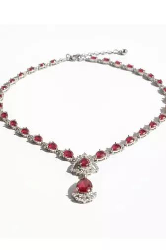 Ruby Teardrop CZ Necklace Set | Rhodium-Plated Red & White Cubic Zirconia Festive Statement Jewellery