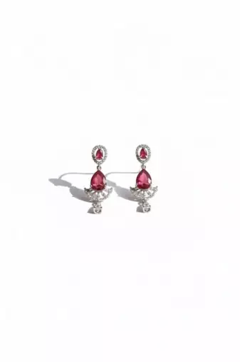 Ruby Teardrop CZ Necklace Set | Rhodium-Plated Red & White Cubic Zirconia Festive Statement Jewellery
