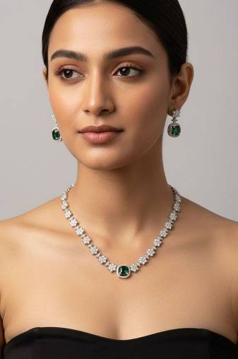 Emerald halo cz necklace set (rhodium finish)
