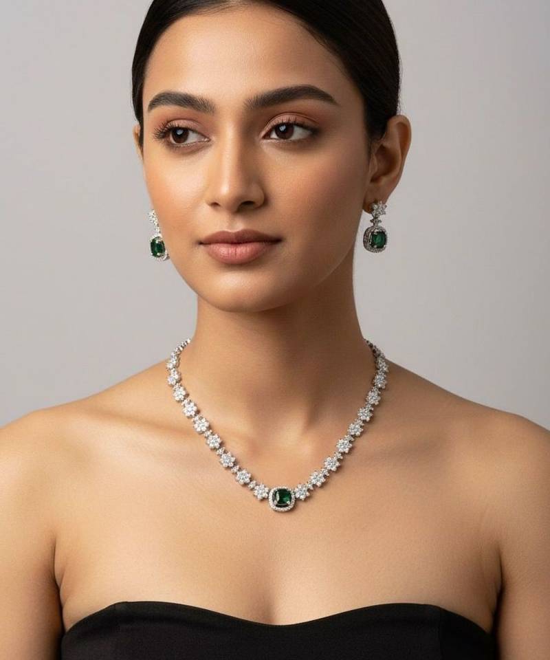 Emerald halo cz necklace set (rhodium finish)