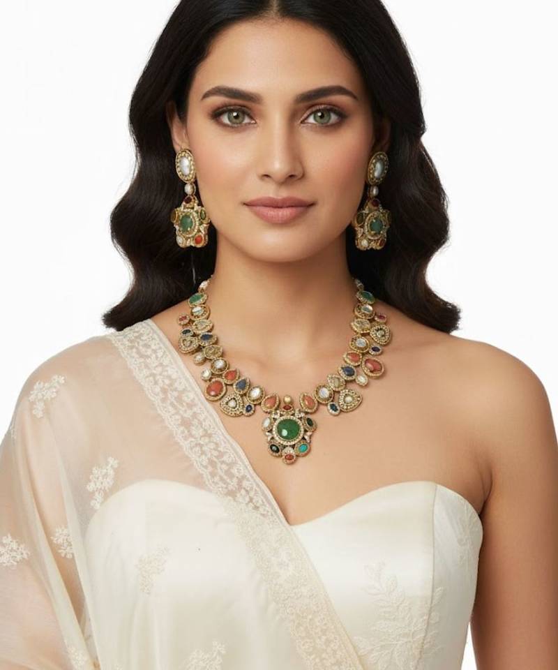 Royal navratna kundan statement set (necklace & earrings)