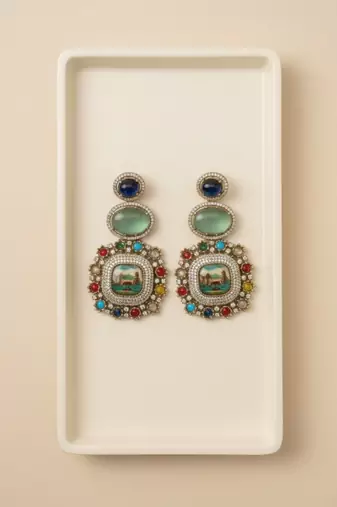 Sabya-Inspired Mosaic Statement Earrings | Multi-Colour Regal Drop Earrings | Art-Inspired Festive Wear