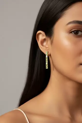 Green Peridot Dangle Earrings | Linear Drop Sterling Silver 18k Gold Plated | Elegant Daily Wear