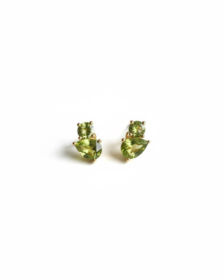 Green Peridot Gemstone Stud Earrings | Duo Cluster 925 Silver 18k Gold Plated | Pear & Round Shape Daily Wear Studs 1