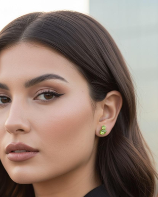 Green Peridot Gemstone Stud Earrings | Duo Cluster 925 Silver 18k Gold Plated | Pear & Round Shape Daily Wear Studs 2