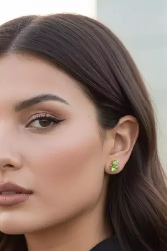 Green Peridot Gemstone Stud Earrings | Duo Cluster 925 Silver 18k Gold Plated | Pear & Round Shape Daily Wear Studs