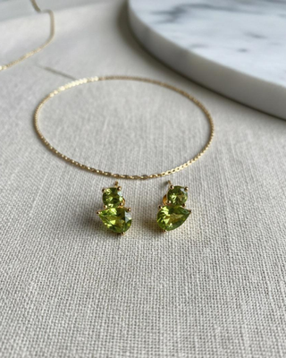 Green Peridot Gemstone Stud Earrings | Duo Cluster 925 Silver 18k Gold Plated | Pear & Round Shape Daily Wear Studs 3