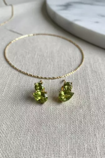 Green Peridot Gemstone Stud Earrings | Duo Cluster 925 Silver 18k Gold Plated | Pear & Round Shape Daily Wear Studs