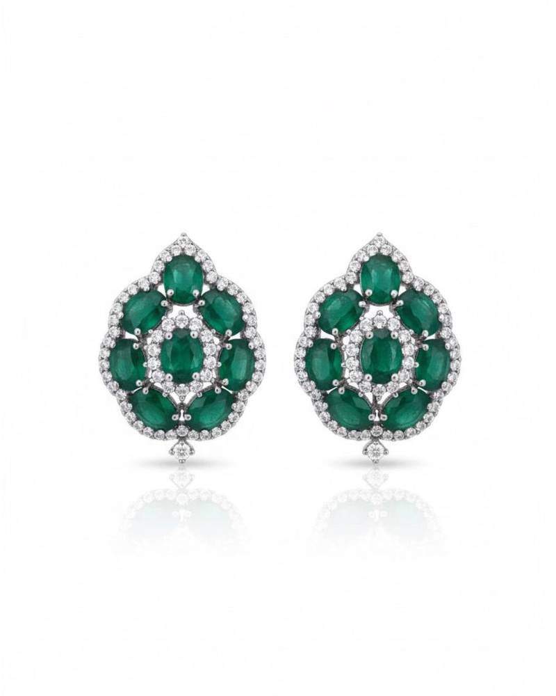 Emerald cabochon cluster studs (rhodium finish)